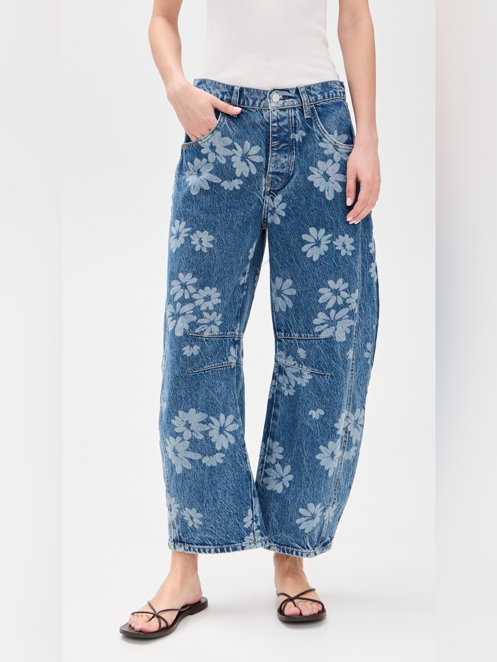 Free People We the Free Good Luck Printed Barrel jeans laser daisy - Picture 1 of 10